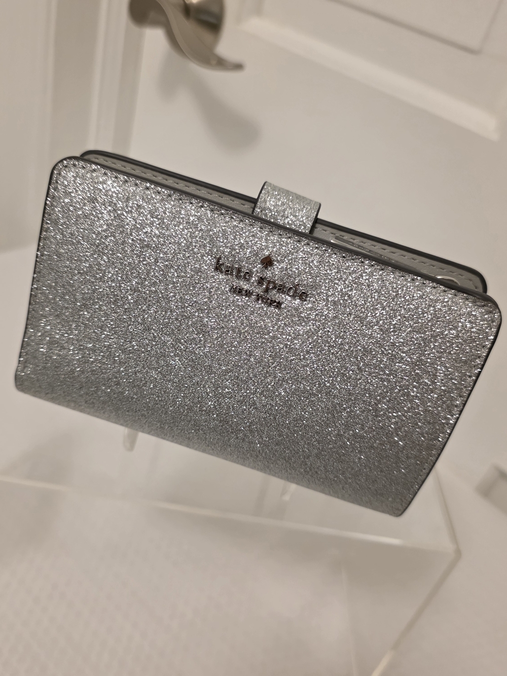 NWT Kate Spade Silver Glitter Compact Bifold Wallet, Shimmer & Shine Ret. $229